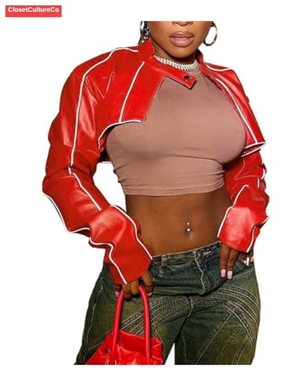 Mock Neck PU Leather Crop Moto Biker Zip Up Faux Leather Bolero Jacket